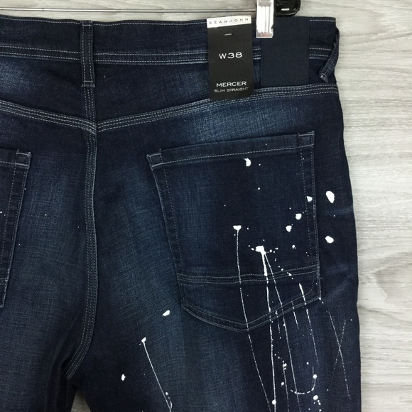 Sean John Blue Washed Splatter Slim Straight Jeans - Picture 4 of 6